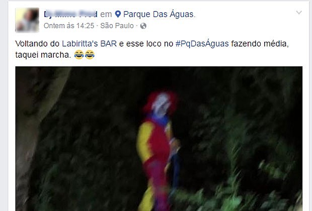 Em rede social, jovem diz ter visto palhaço no Paque das águas, na Zona Leste de São Paulo. Foto: Reprodução/Facebook